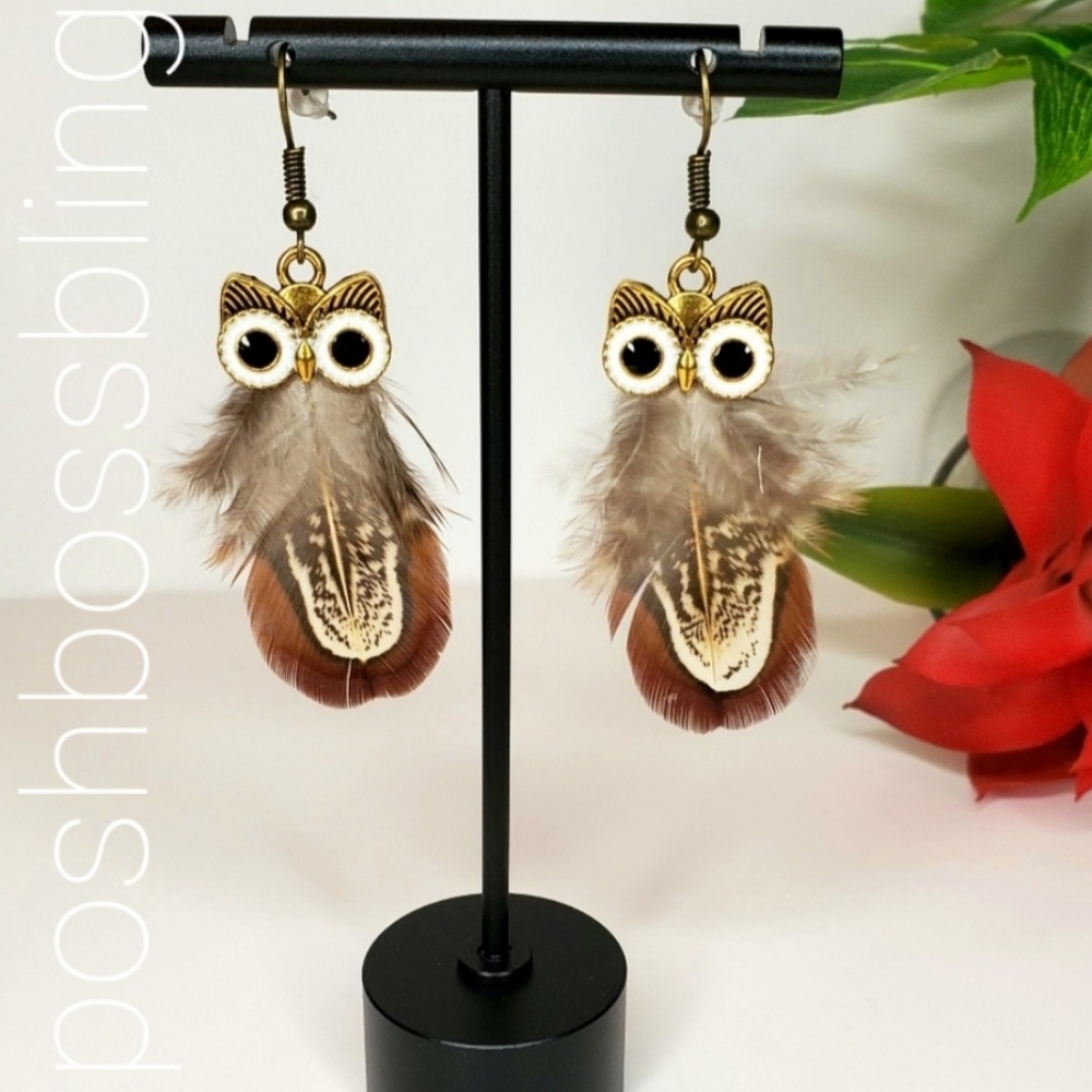 Feather Owl Drop Earrings